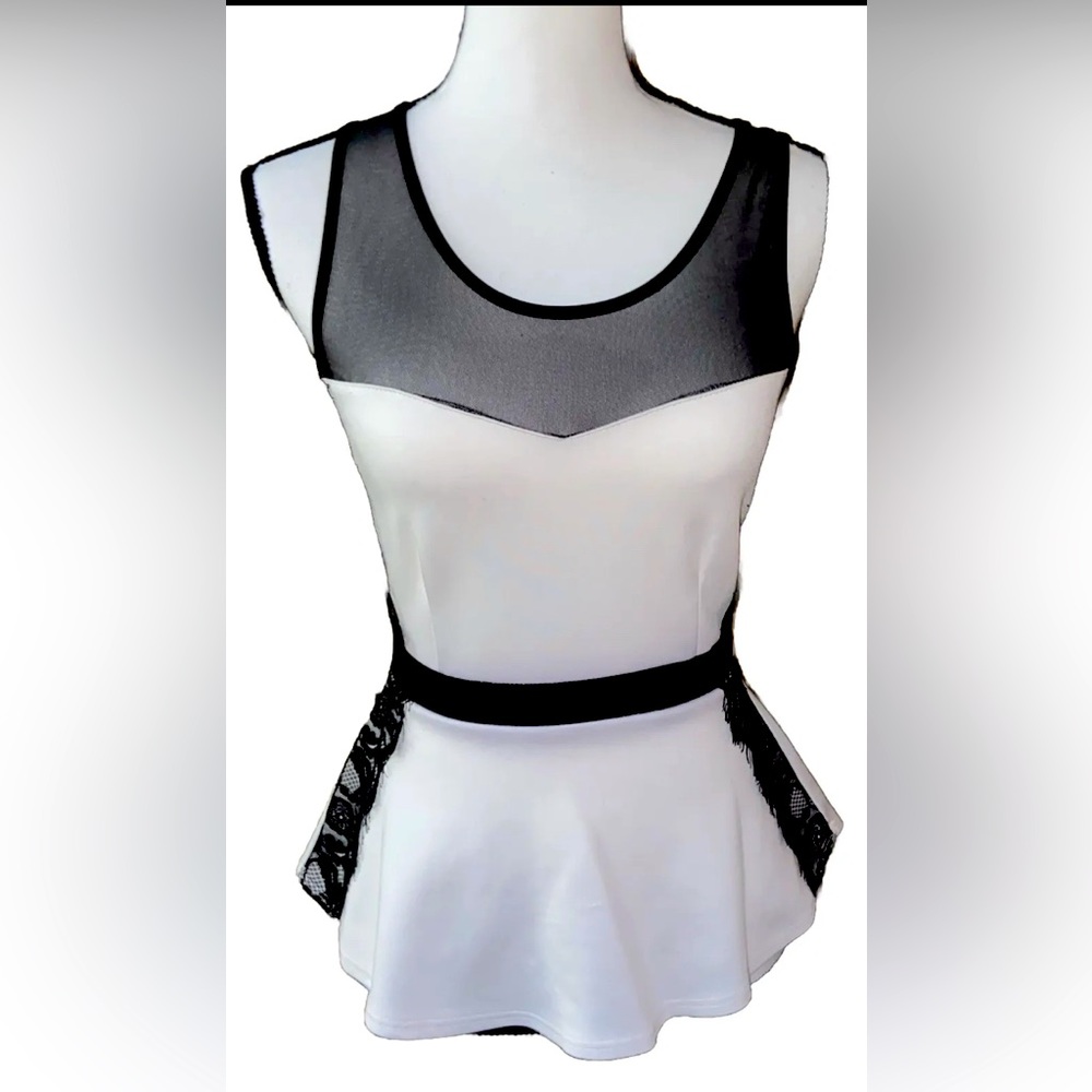 Danbee Womens Black Mesh Cutout Publem White Top Black Lace & Band